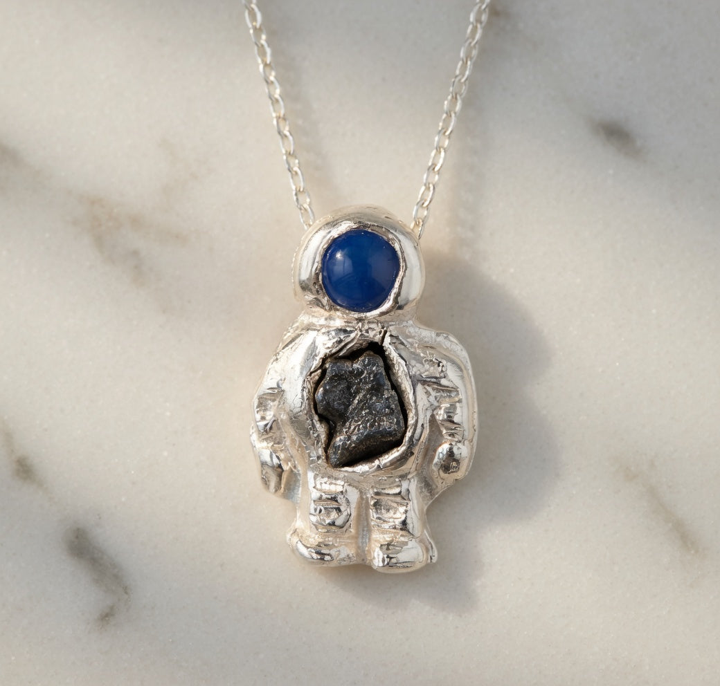Solid Silver Spaceman Meteorite Pendant – Campo Del Cielo Necklace – Sterling Silver