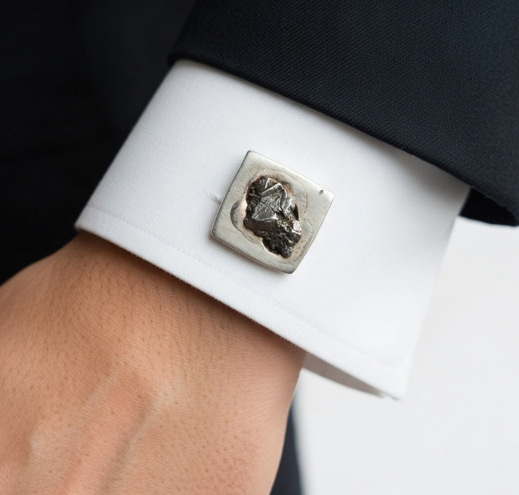 Solid Silver Square Meteorite Cufflinks